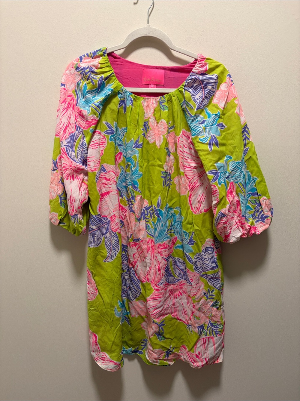 Lilly Pulitzer Lime Green Floral Mini Dress with Pink & Blue Accents
